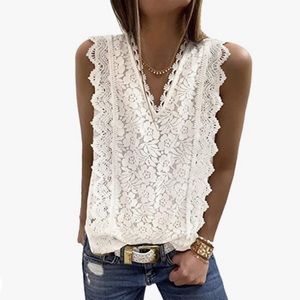 Astylish Womens Lace V Neck Tunic Tank Tops Casual Sleeveless Shirt Blouse